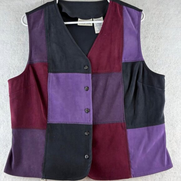 White Stag Jackets & Blazers - White Stag art to wear Y2K Feaux suede Black 70s patchwork Purple Stretch vest L